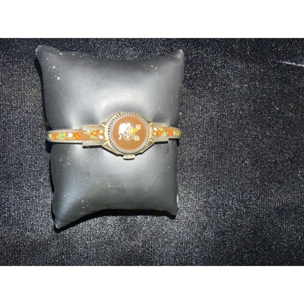 Vintage Riviera Swiss 17 Jewel Hidden Dial Bangle Watch Floral Enamel Working